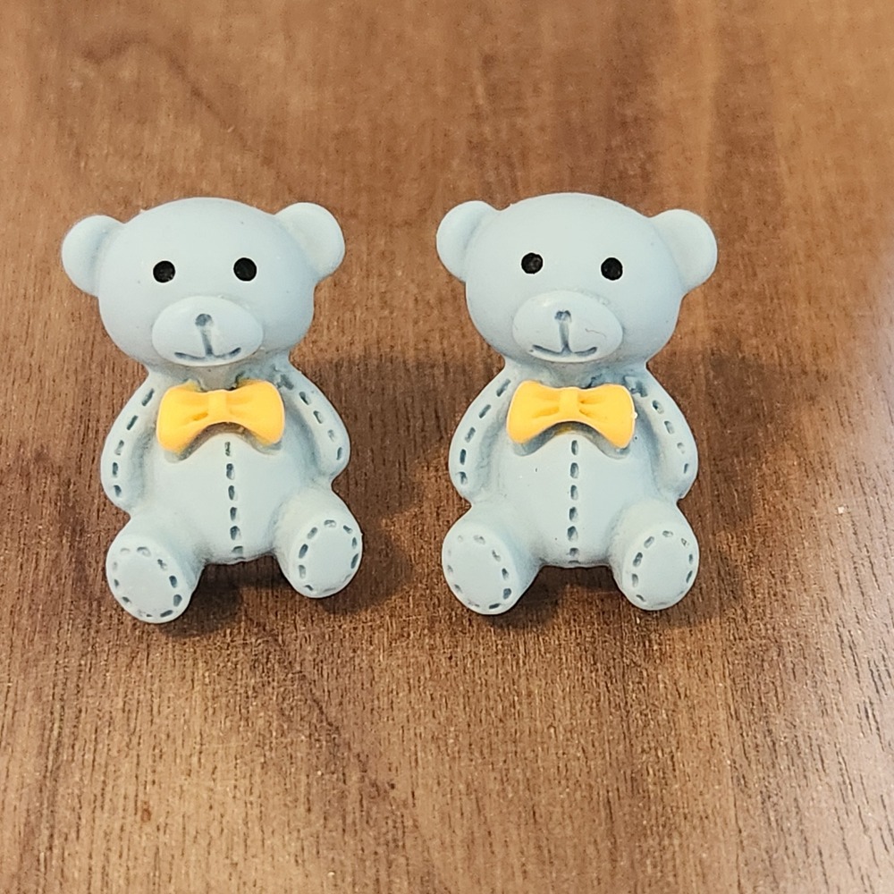 Blue Teddy Bear Stud Earrings with Yellow Bow Tie Resinā Animal Jewelry Handmade